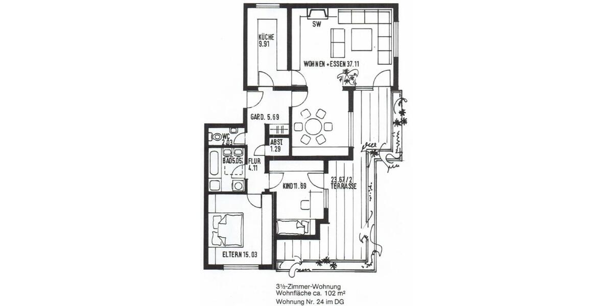 3,5 Zimmer Wohnung + Hobbyraum mit separatem WC u. Dusche 3.5 zimmer