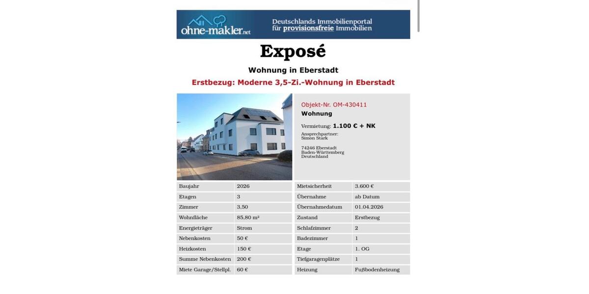 Etagenwohnung Eberstadt - 3.5 Zimmer, 86 m&sup2;, 1.300&euro; | Angebot:26563755