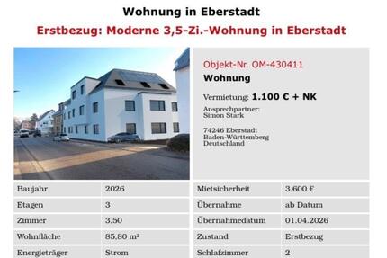 Wohnung Eberstadt - 3.5 Zimmer, 86 m&sup2;, 1.300&euro; | Angebot:26563755