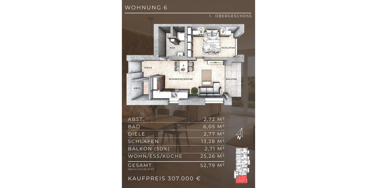 Etagenwohnung Untereisesheim - 2 Zimmer, 52 m&sup2;, 307.000&euro; | Angebot:26629851