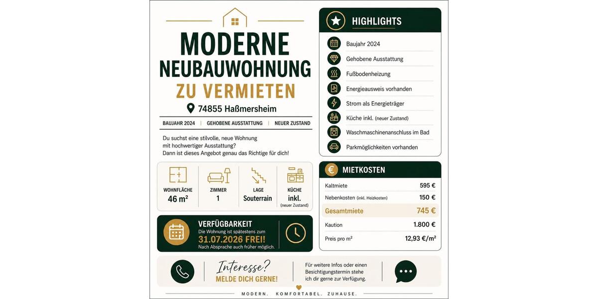 Etagenwohnung Haßmersheim - 1 Zimmer, 46 m&sup2;, 745&euro; | Angebot:26420777
