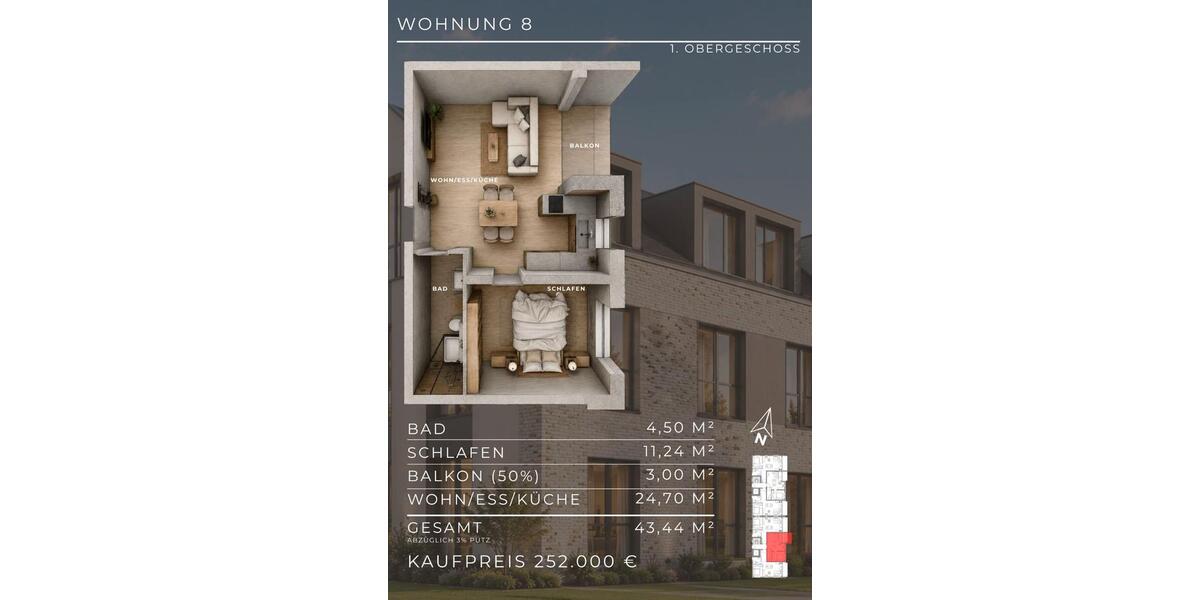 Etagenwohnung Untereisesheim - 2 Zimmer, 43 m&sup2;, 252.000&euro; | Angebot:26726504