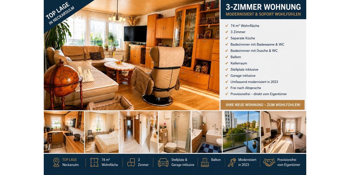 Etagenwohnung Neckarsulm - 3 Zimmer, 74 m&sup2;, 330.000&euro; | Angebot:27163753