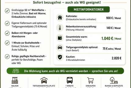 Wohnung Heilbronn Böckingen - 2 Zimmer, 52 m&sup2;, 896&euro; | Angebot:27335456