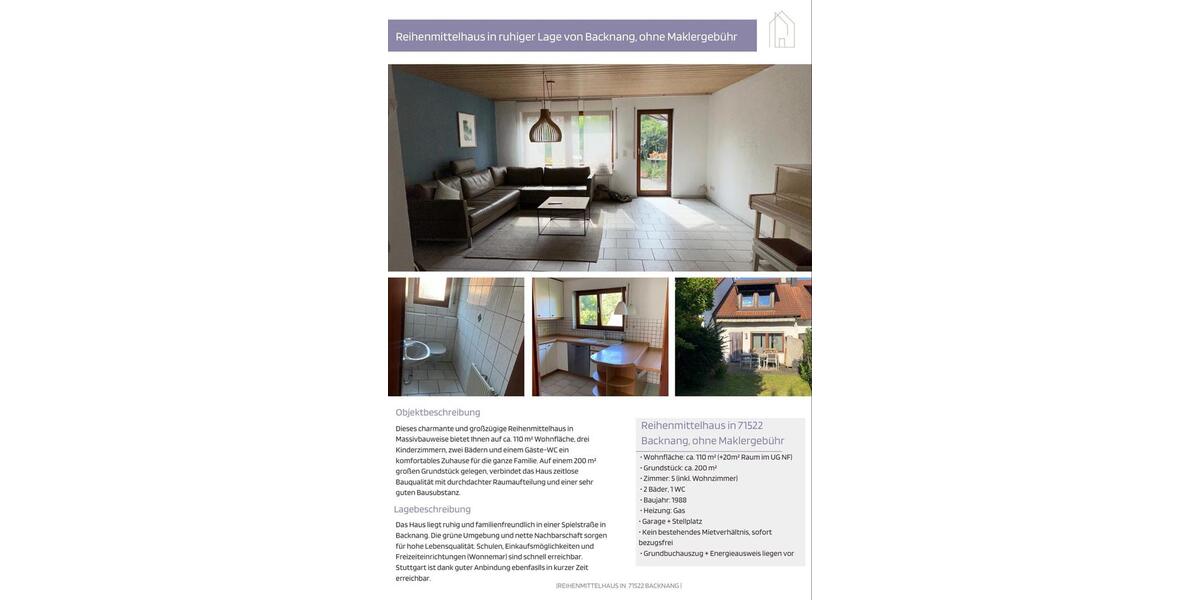 Reihenhaus Backnang - 5 Zimmer, 110 m&sup2;, 449.000&euro; | Angebot:26919292