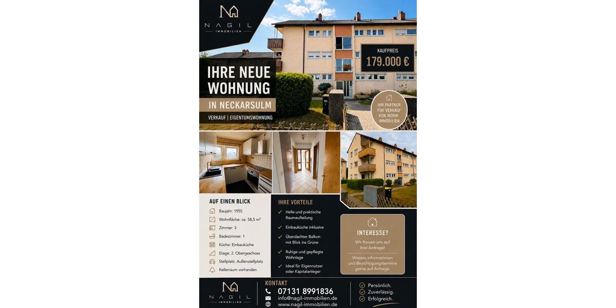 Etagenwohnung Neckarsulm - 3 Zimmer, 59 m&sup2;, 179.000&euro; | Angebot:27185808