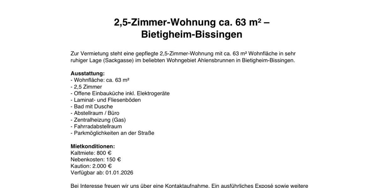 Etagenwohnung Marbach am Neckar - 2.5 Zimmer, 63 m&sup2;, 850&euro; | Angebot:24744353